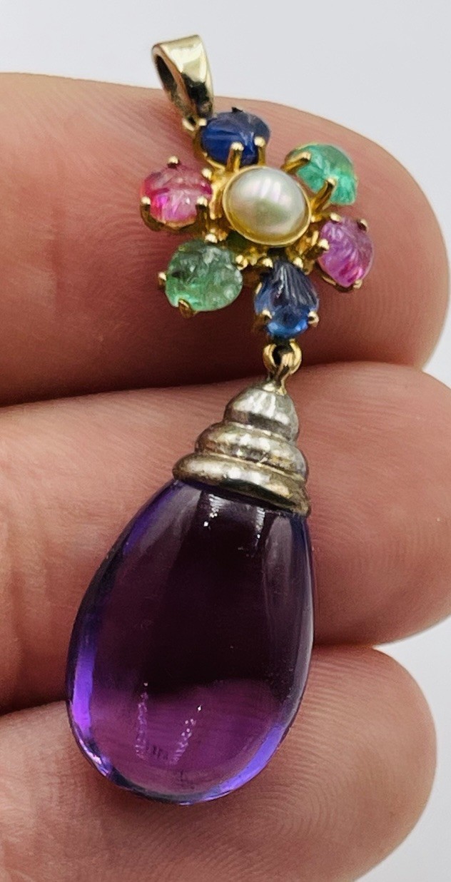 Vintage 18k Gold & Sterling Tutti Frutti Sapphire Emerald Ruby Amethyst Pendant