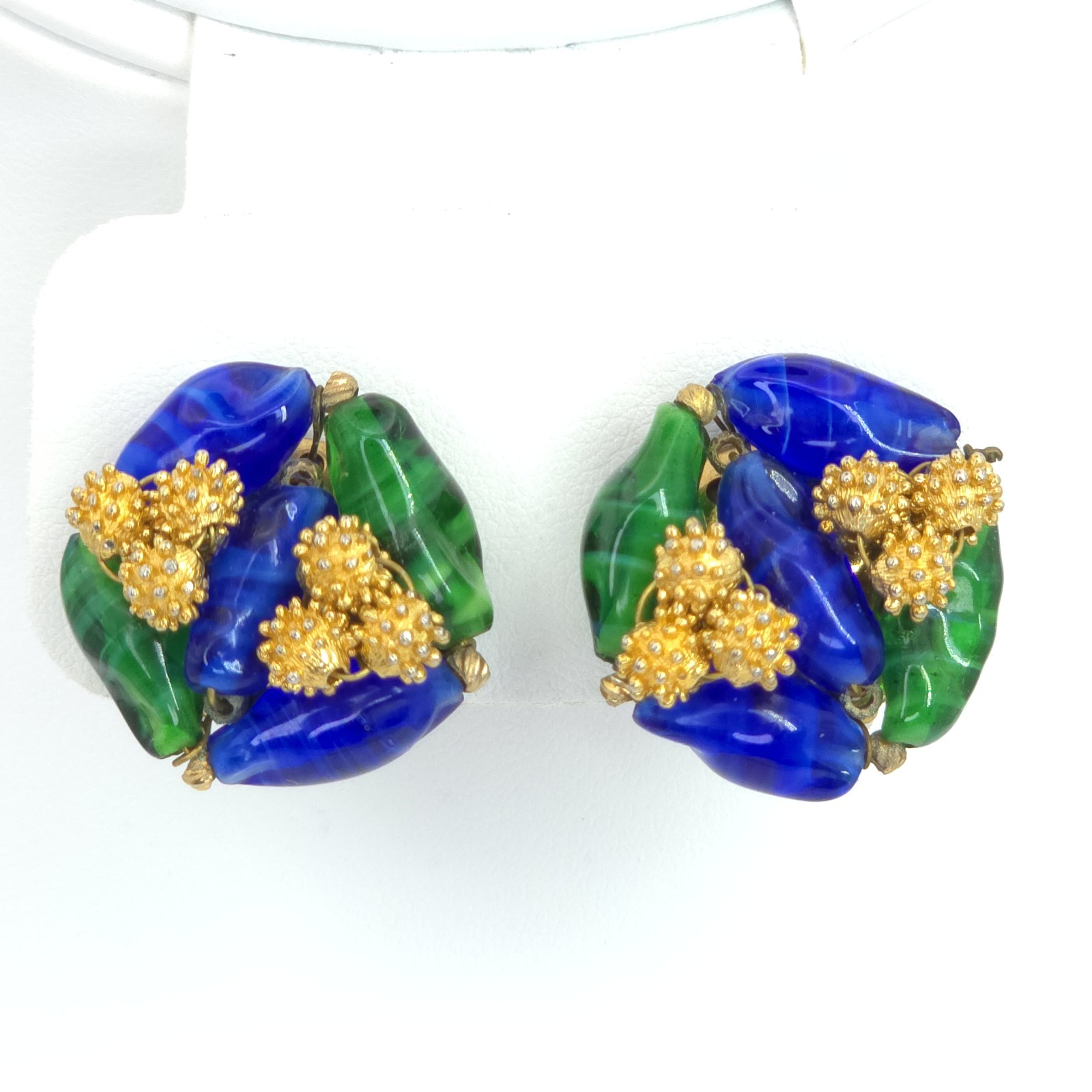 Elegant Vintage Les Bernard Clip On Earrings Blue & Green Glass Golden Ornament