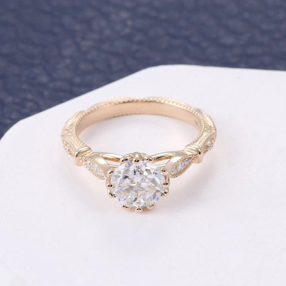 Filigree Style 1.15CT Round Cut White Moissanite & 10K Yellow Gold FN Women Ring