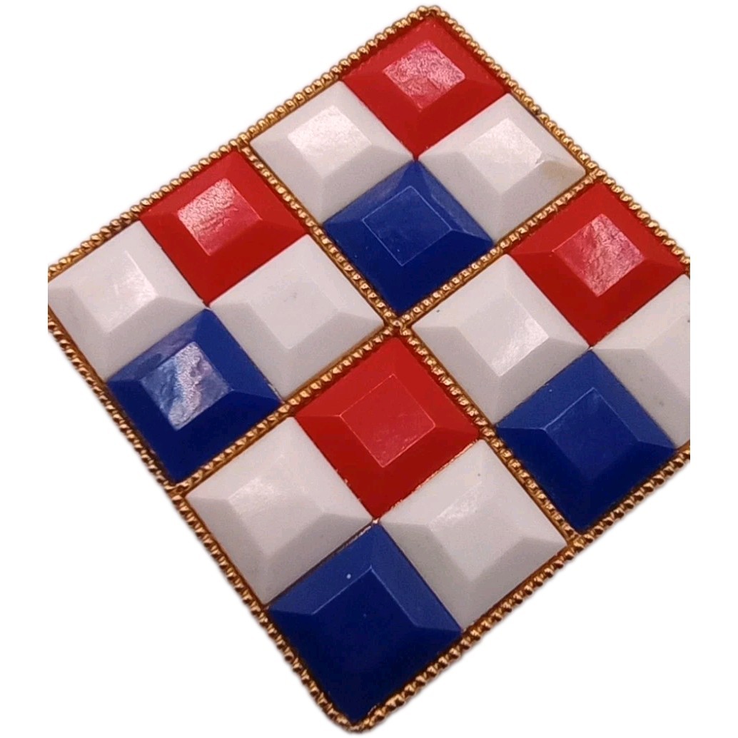 Vintage Red White Blue Geometric Square Brooch Gold Tone Patriotic Pin 2 in Sq