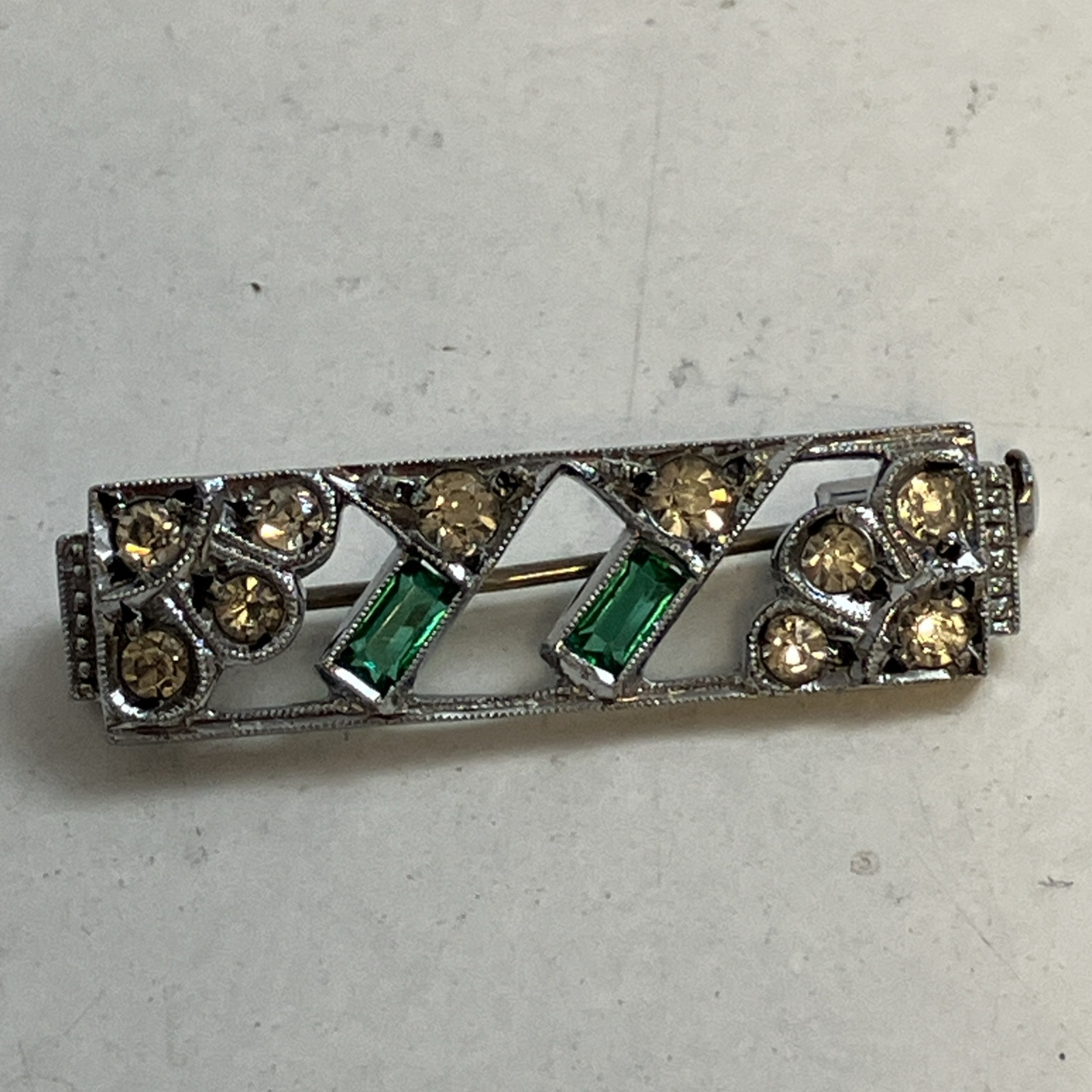 Reproduction Art Deco Green & White Rhinestone 1.25” Rectangular Pin