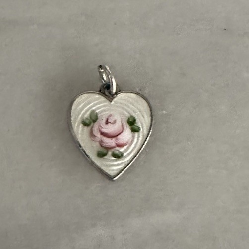 Victorian Era Sterling Silver & Guilloche Enamel Pink Rose Heart Charm