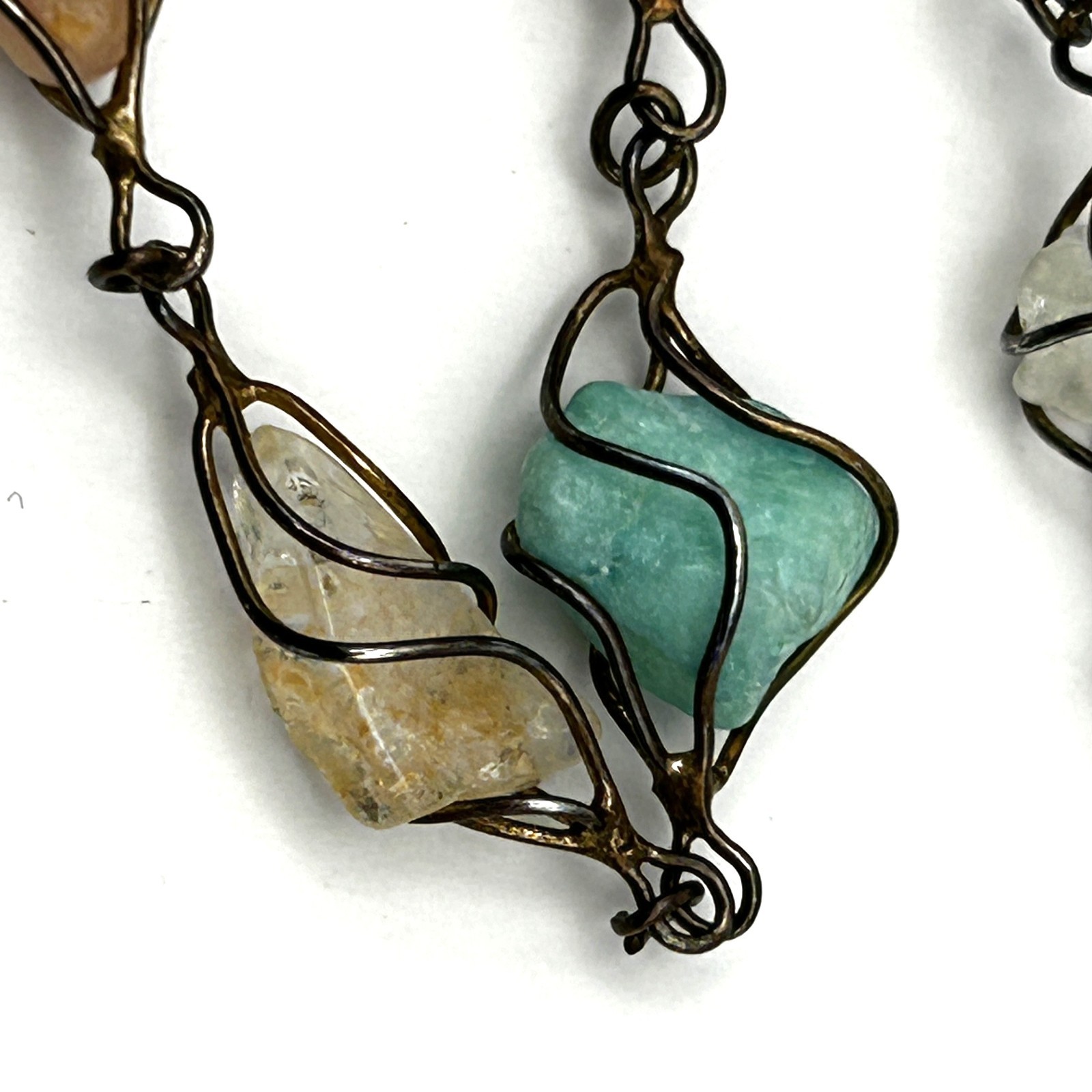 Vintage Gemstone Wire Wrapped 30” Necklace Garnet Jadeite Quartz Artisan Boho