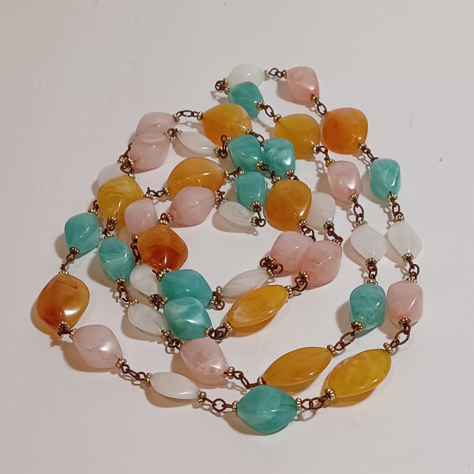 Pastel Marbled Plastic Resin Vtg Bead Chain Necklace 54in Pink, Mint, Amber, Wht