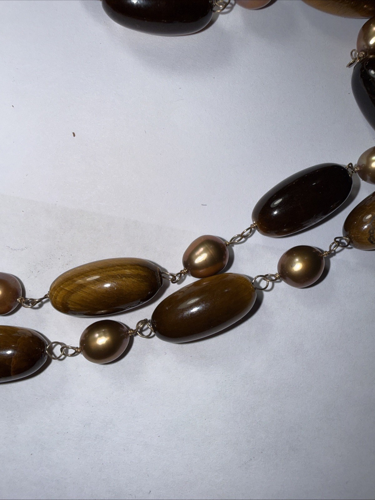 Necklace 2 Strand Tiger’s Eye Cultured Pearl Vermeil Toggle Clasp Vintage Unused