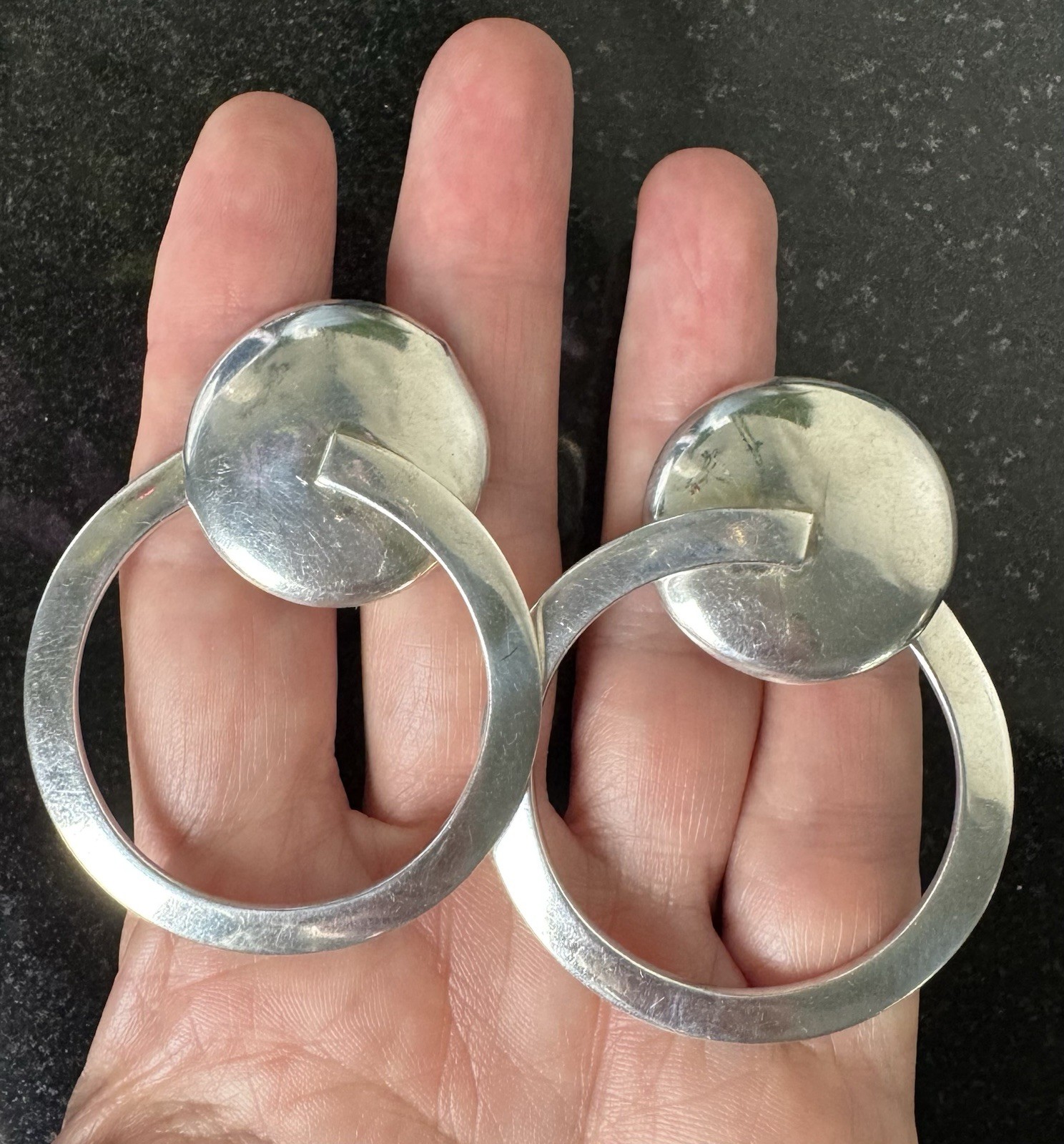 Vintage Zina Sterling Silver 925 Large Modernist Designer Clip On Earrings