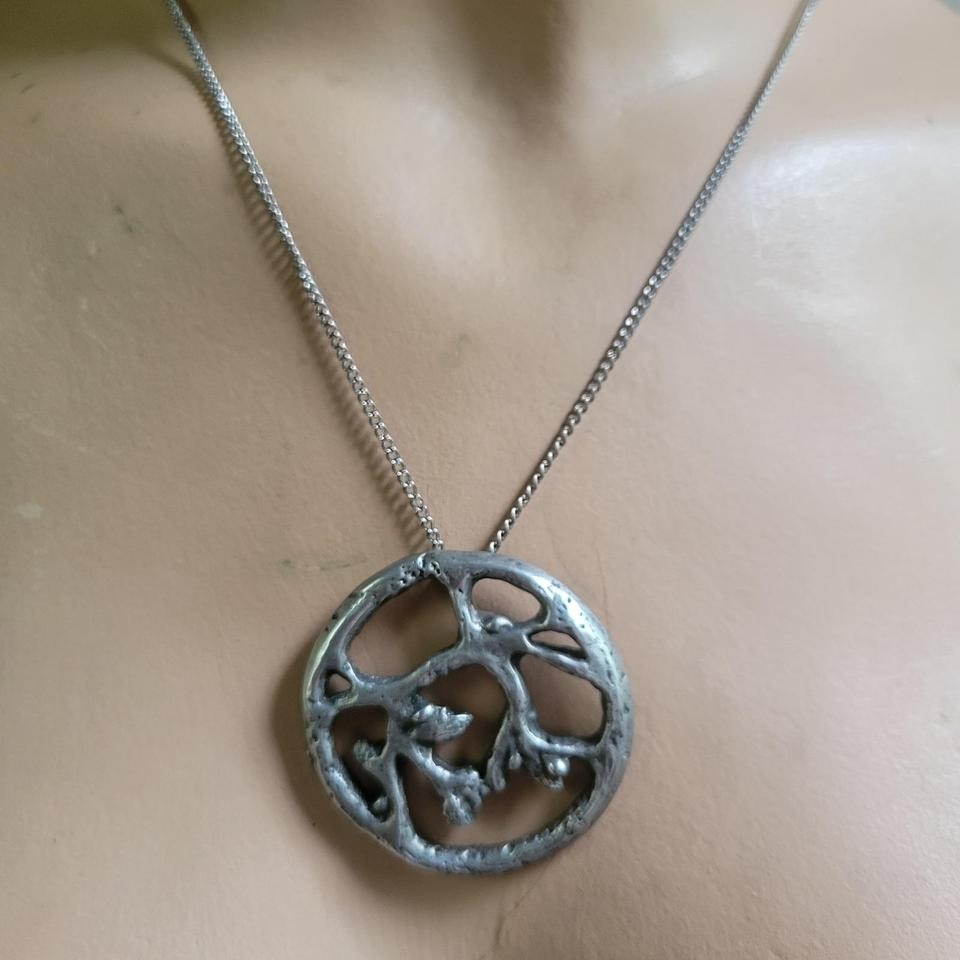 Vintage Brutalist Abstract Silver Tone Cast Branch Circle Pendant Necklace 70s