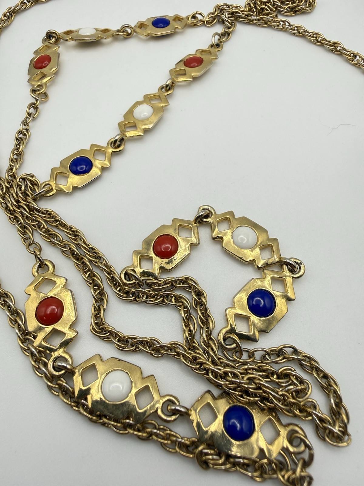 Vintage Red, White & Blue Gold Tone Station Necklace 56” Opera