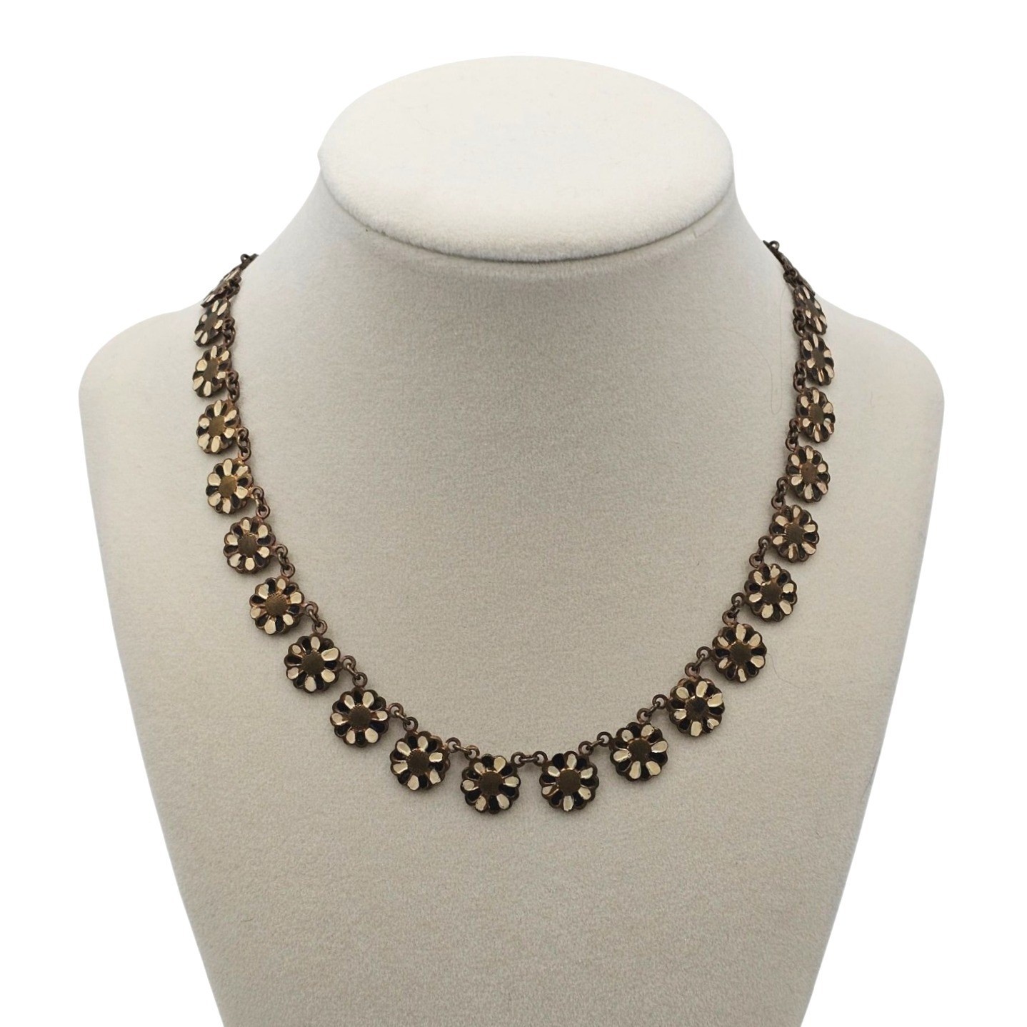 Vtg Floral Brass 15″ Choker Necklace Mid Century Linked Hand Painted Czech Style