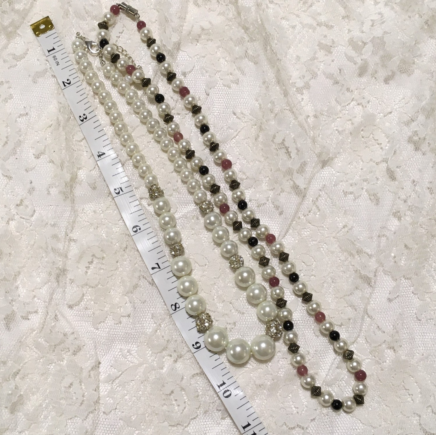Vintage Faux Pearl Bead Necklaces 2 Rhinestones Silver color Pink Beads