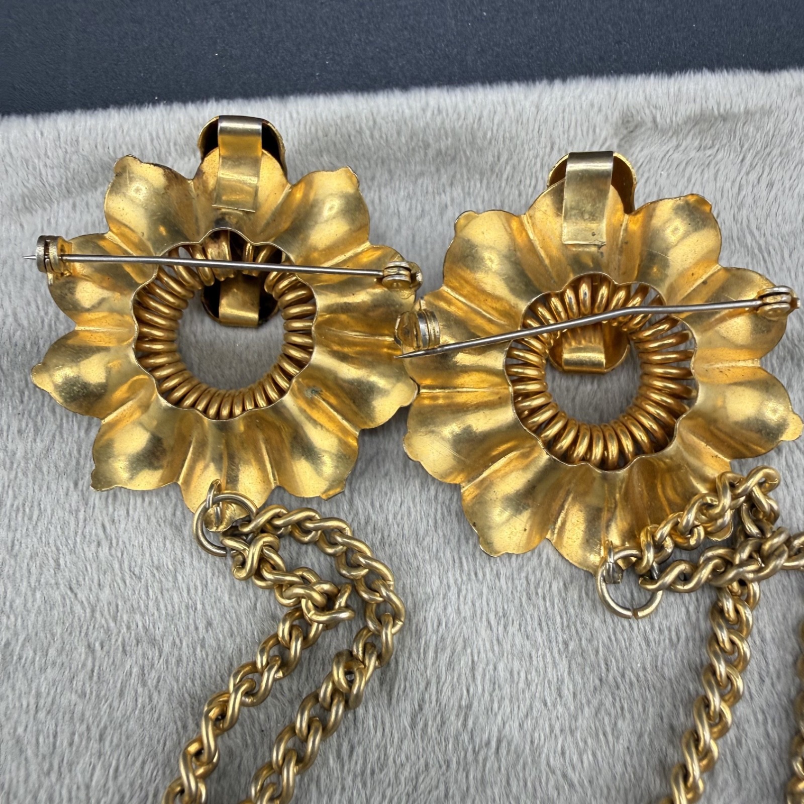 Vintage Double Brooch Set Chatelaine Gold Tone Chain