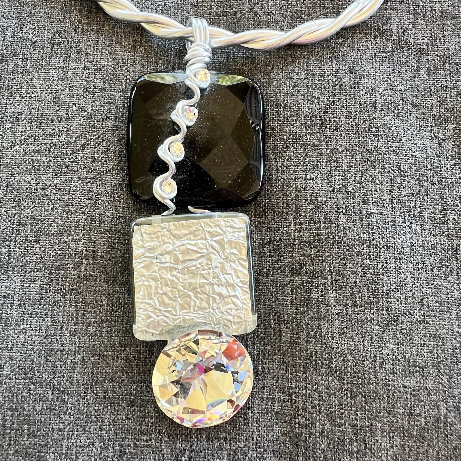 Vintage Jeff Lieb Wire Choker Necklace Silver Tone Acrylic Square With Crystals