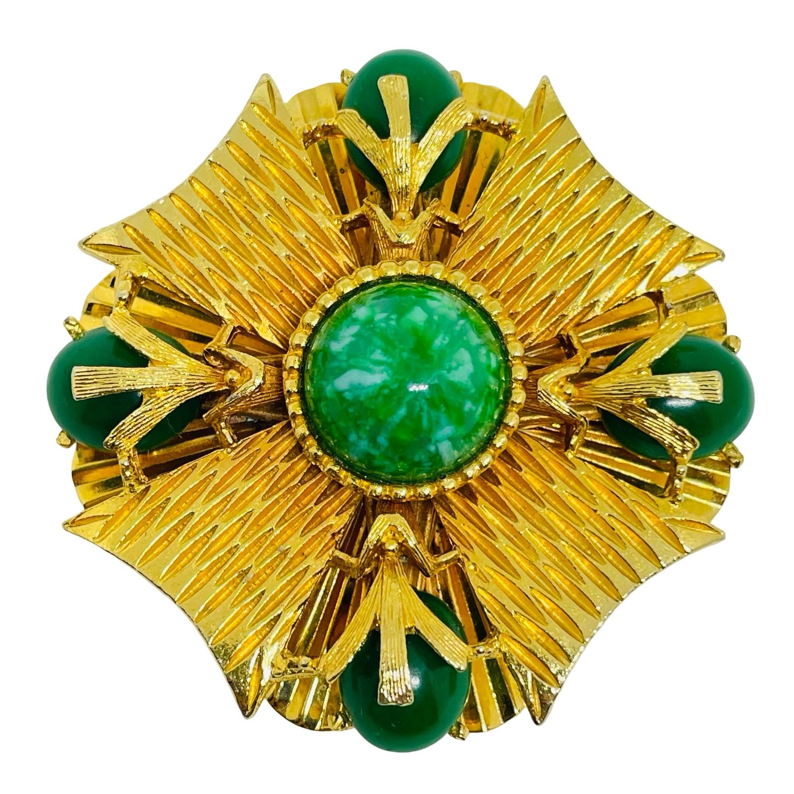 MANDI signed vintage gold tone green jade glass Maltese cross designer brooch
