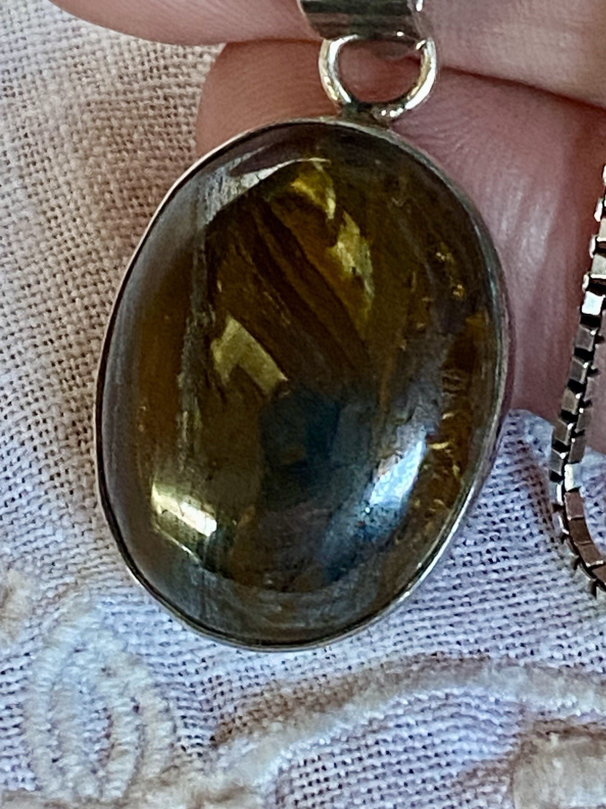 Vintage Tiger Iron Stone Cabochon Set In Sterling Silver With 20” 925 Box Chain