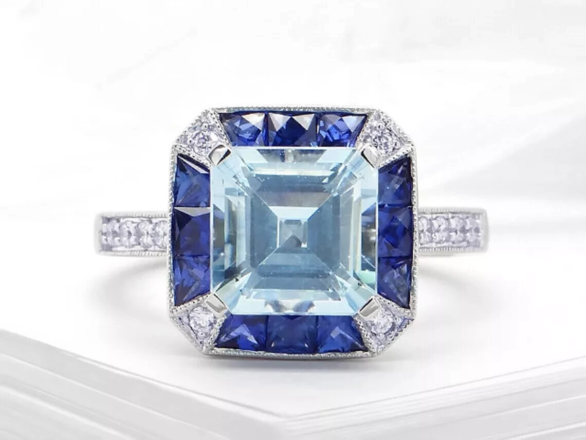14k White Gold Finish Art Deco Style Lab Created Diamond Aquamarine Wedding Ring