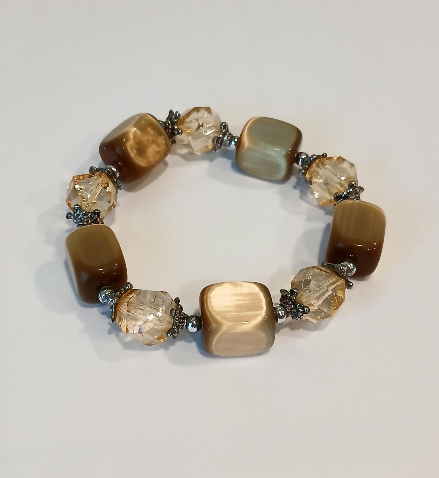 Vintage Tiger’s Eye & Amber Style Acrylic Block Beads Bracelet 44.7g~2.6″diam.