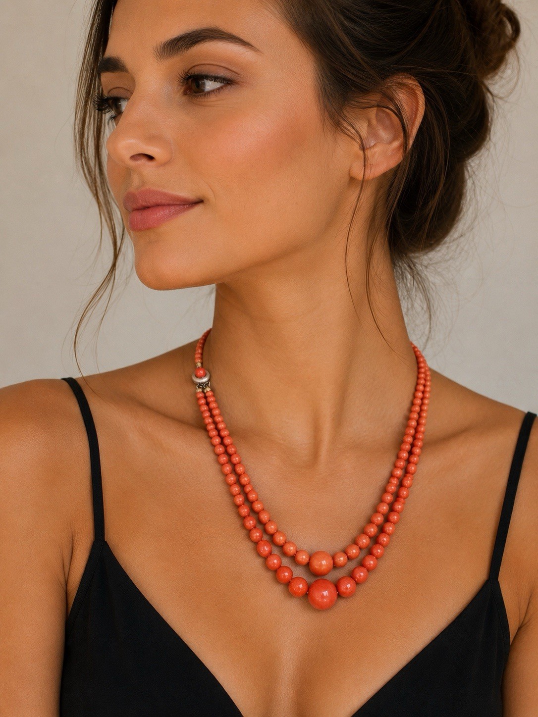 Vtg 800 Silver Coral Bead Necklace Double Strand Graduated Orange Beads 36.5gr