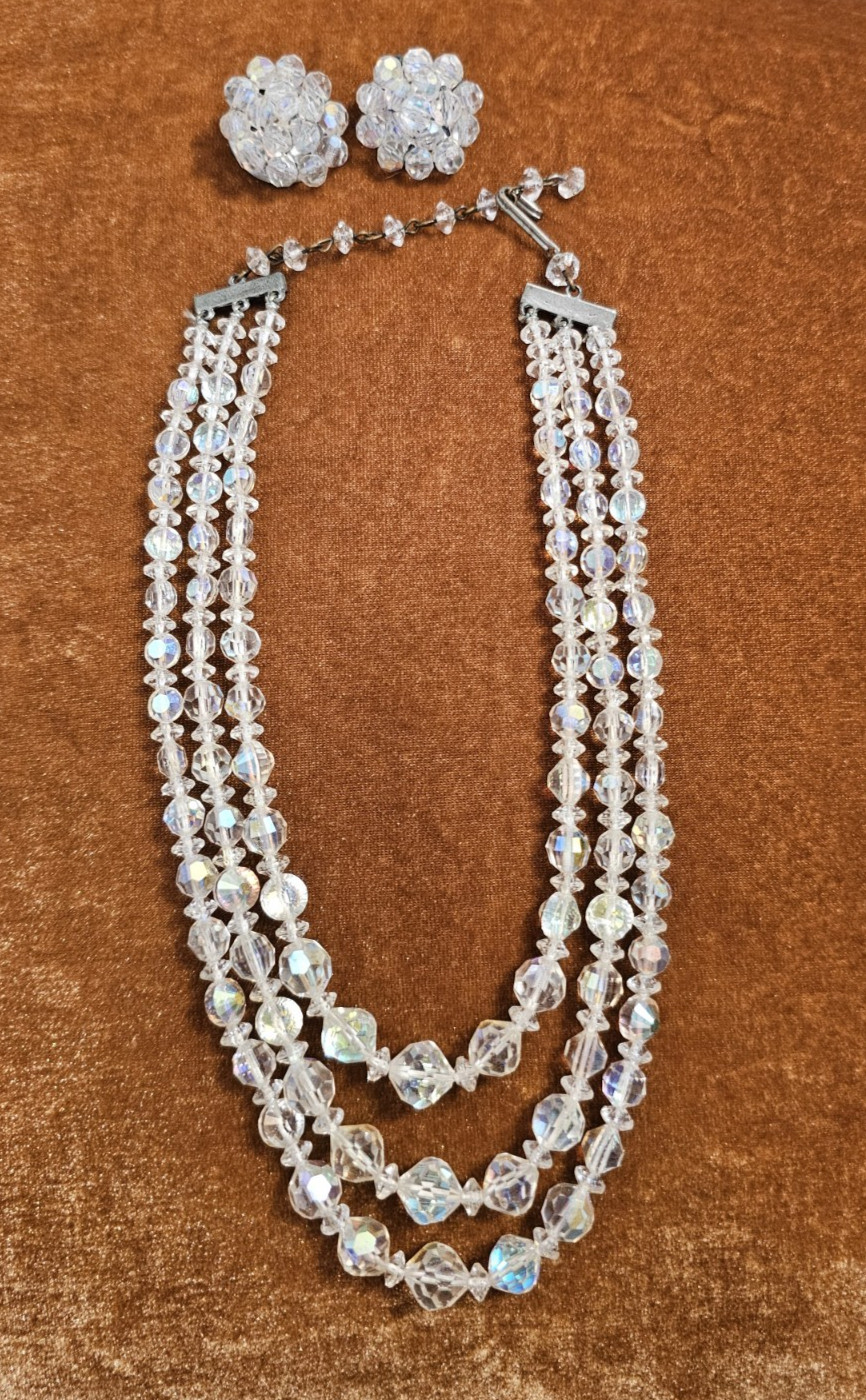 Vintage 8″ 3-Strand, Iridescent Beaded Choker And Matching Clip Earrings