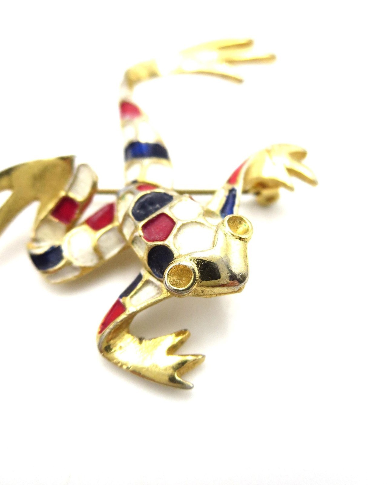 VTG Gold Tone Red White Blue Painted Enamel Frog Brooch Patriotic 4th of July