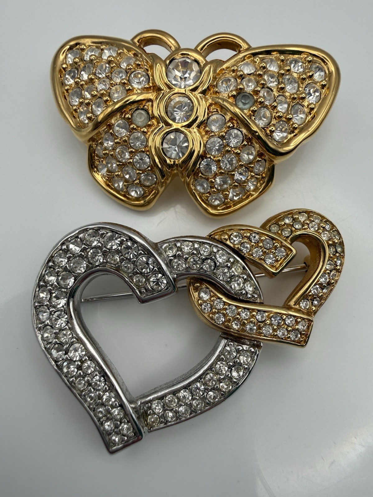 Swarovski Brooch Lot Butterfly Double Heart Gold Silver Tone
