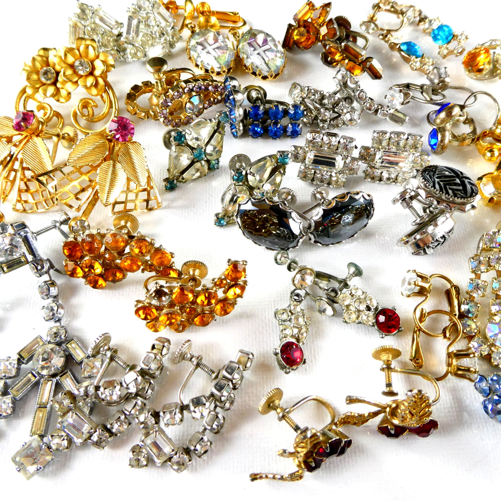 Vintage Rhinestone Screw Back Earrings Lot 25 Pairs ALL SPARKLE Multi Color Stns