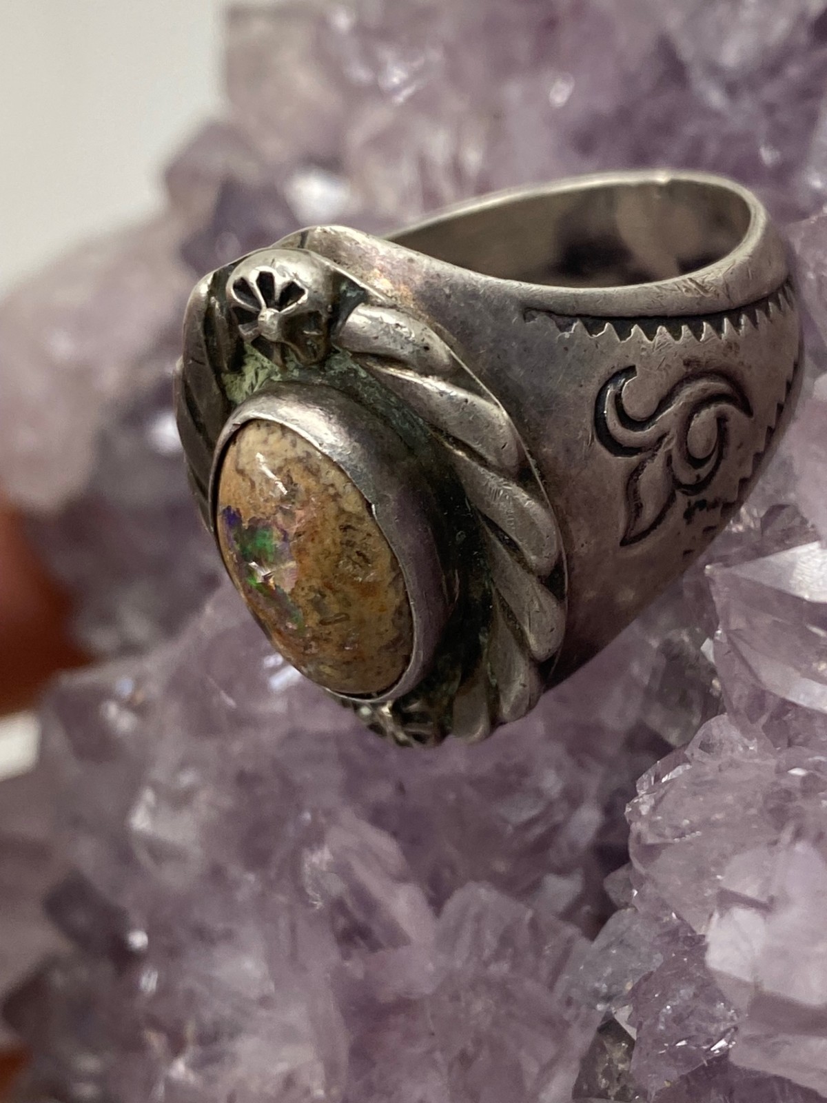 Vintage Sterling Silver Boulder Opal Ring Size 11