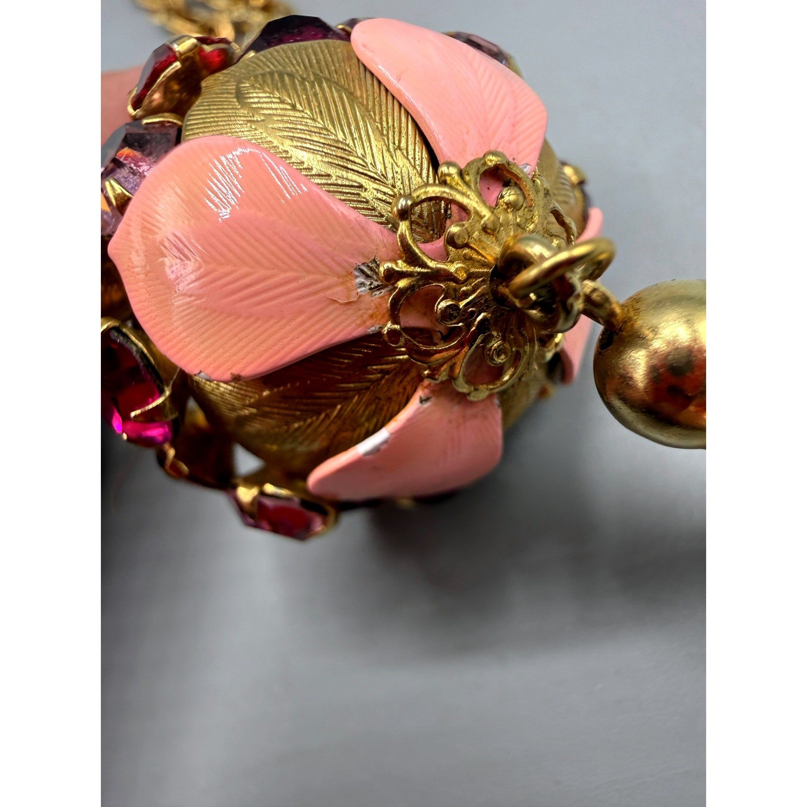 Vintage Gold Tone Orb Pendant Necklace Pink Enamel Rhinestone Tassel 28 Inch