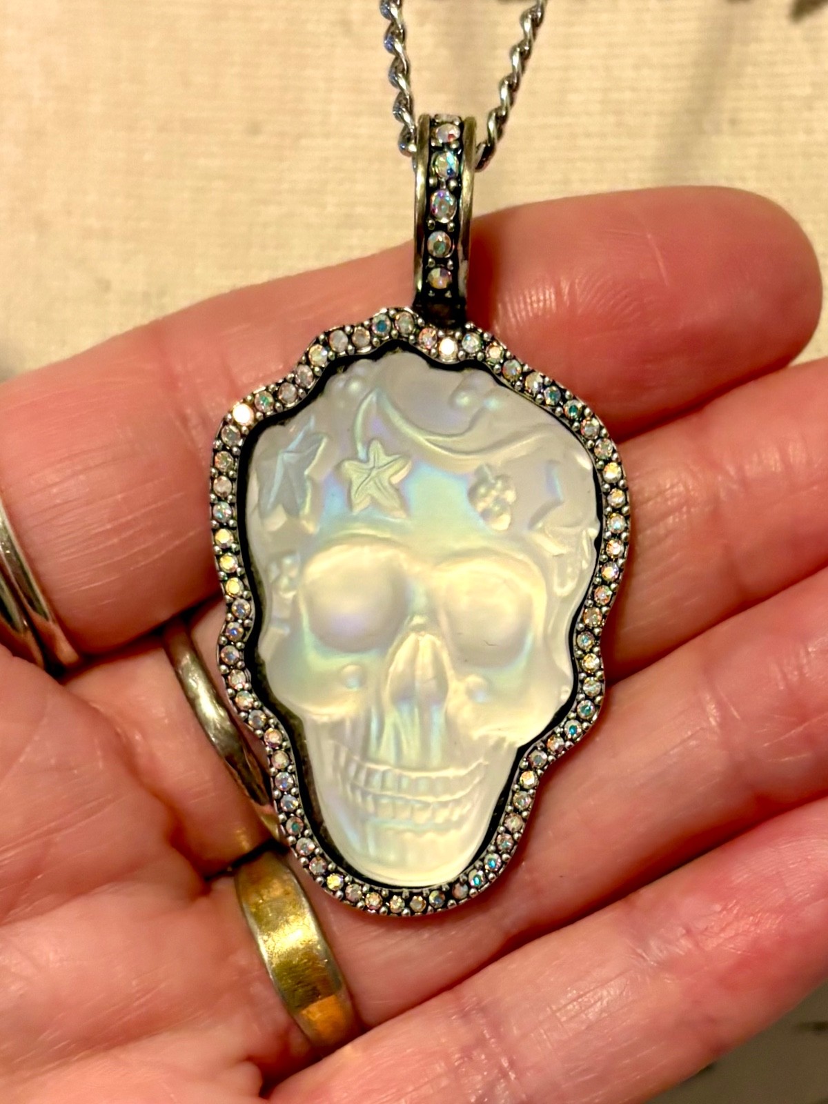 Kirk’s Folly Glass Dream Skull Crystal Pendant Necklace Celestial Moon Stars 28”