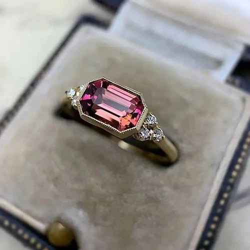 Art Deco Style Lab Created Pink Tourmaline Diamond Engagement Ring 14K Gold FN