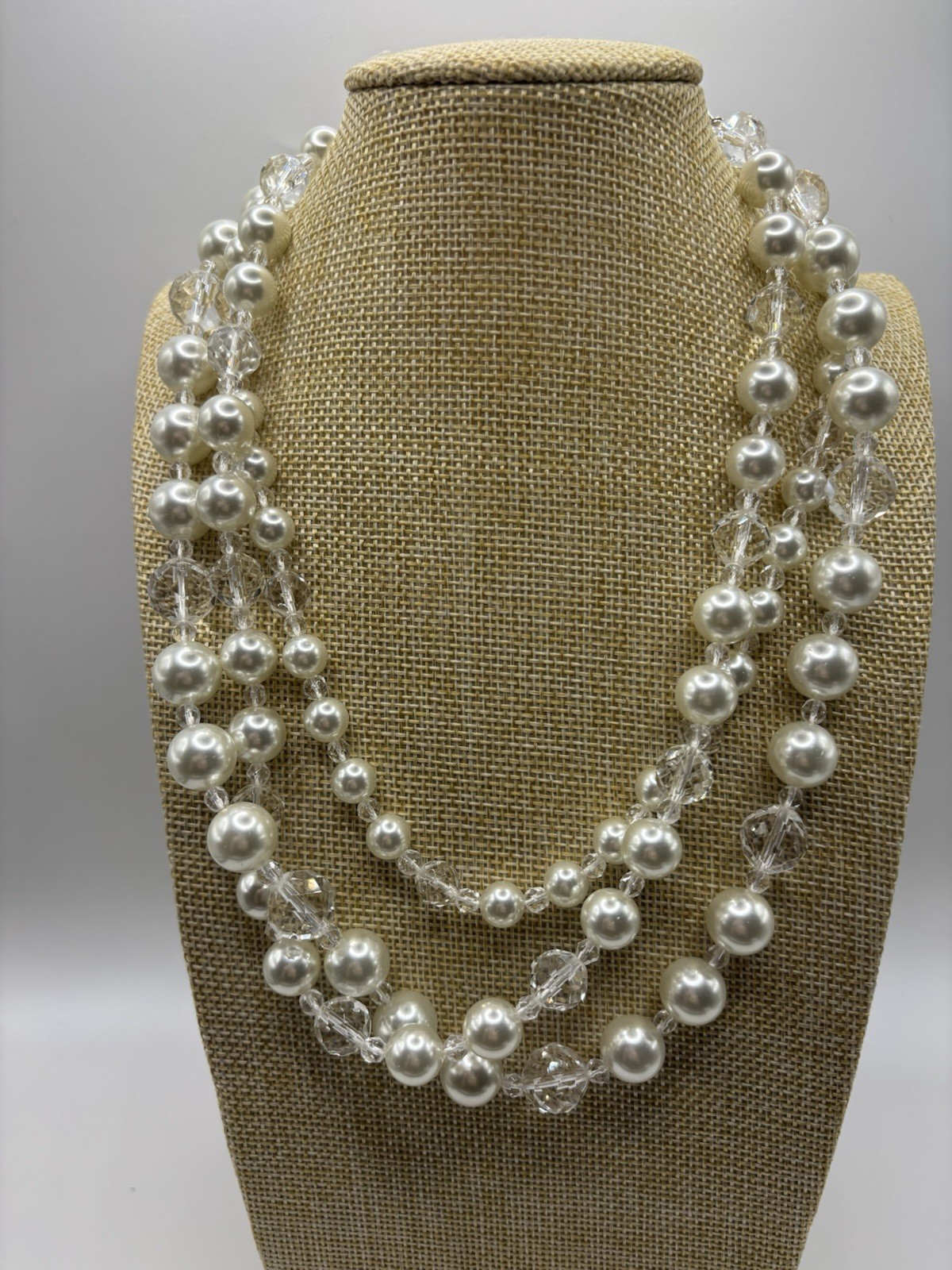 Vintage KJL Kenneth Jay Lane 3 Strand Faux Pearl Faceted Crystal Necklace 19″