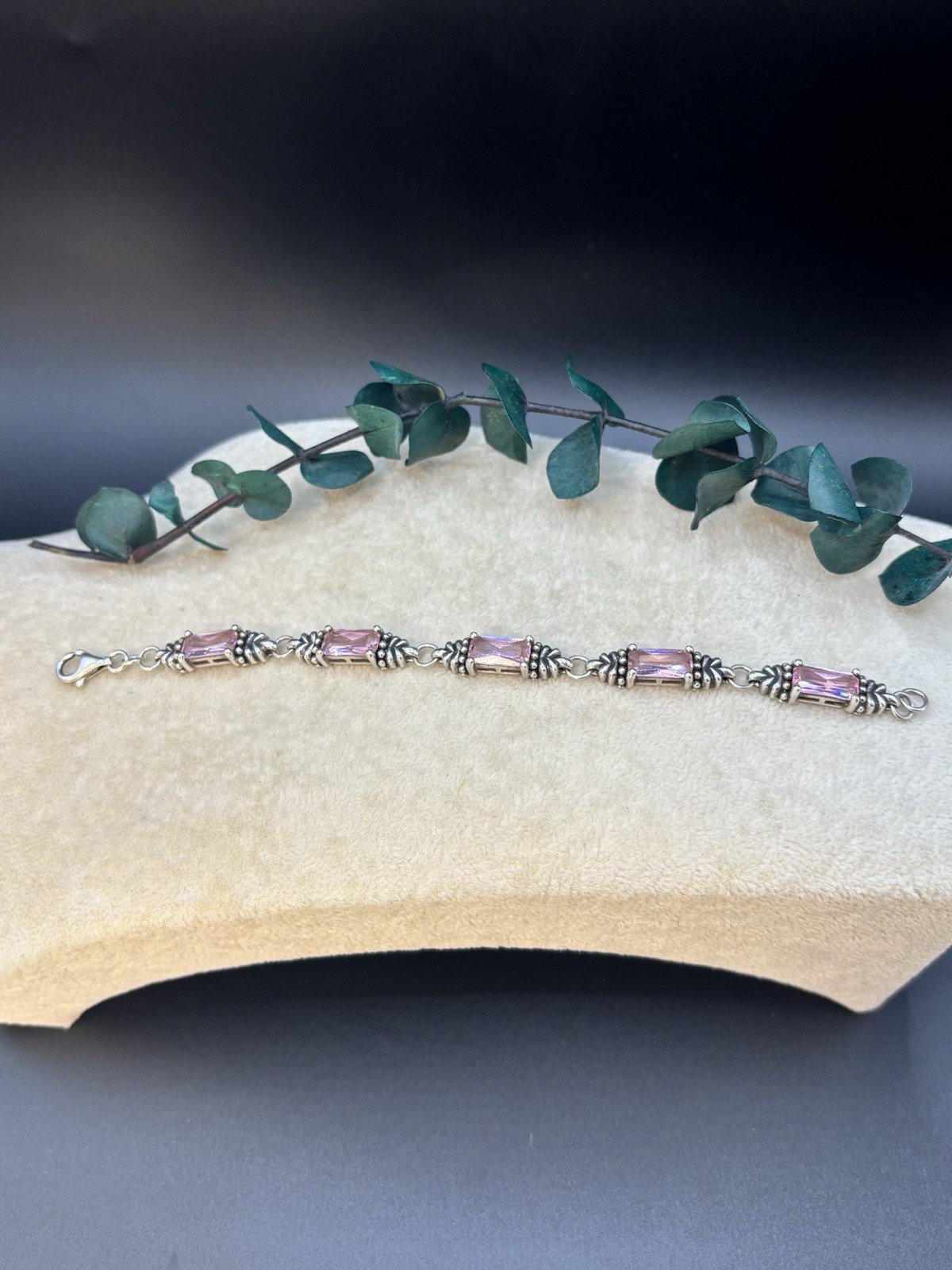 Vintage Sterling Silver 925 Pink Quartz Crystal Artisan Link Bracelet 6.5″