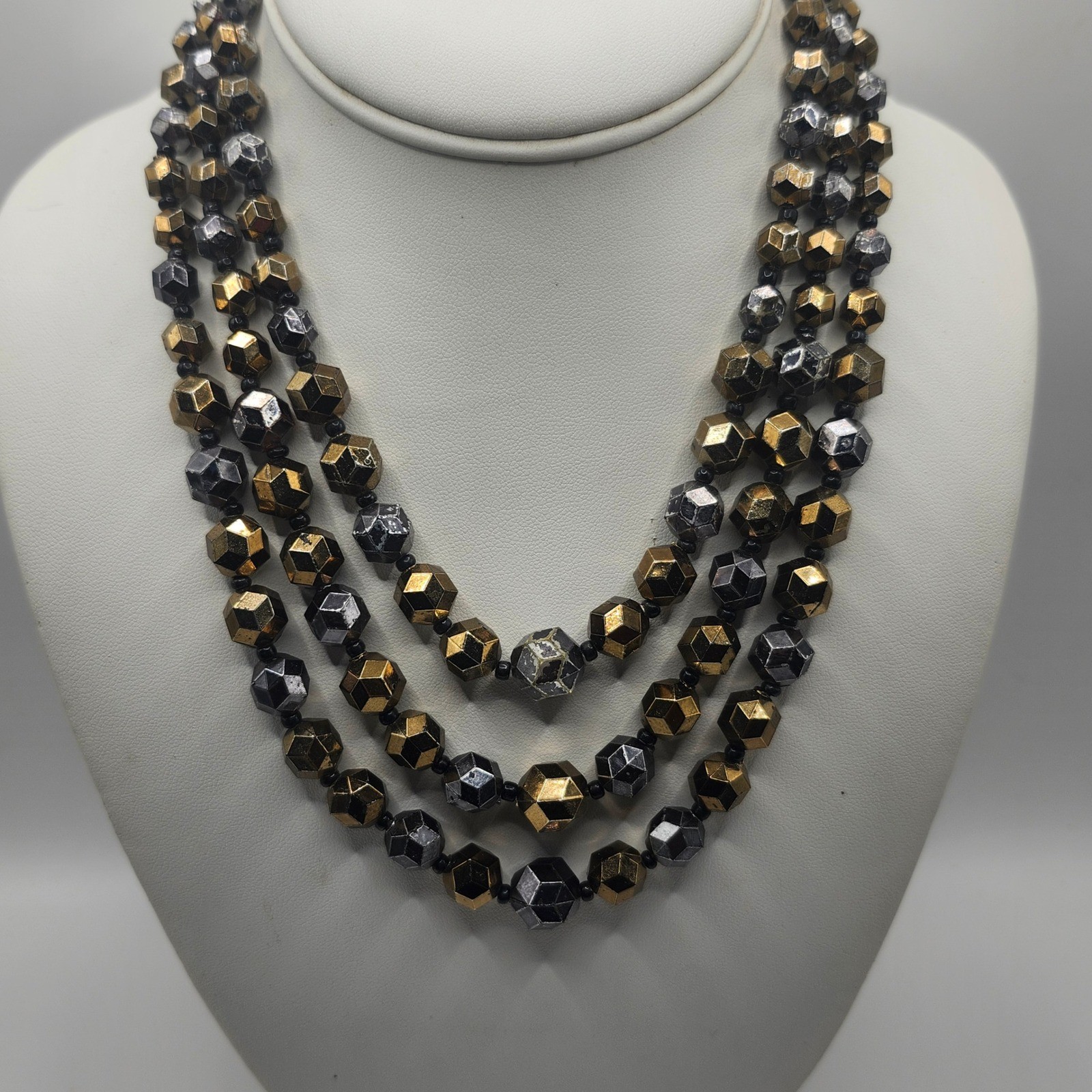 Vintage W Germany Multi Strand Beaded Necklace Gold Silver Tone Geometric READ