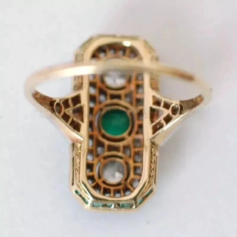 Art Deco Style Lab Created Emerald 3-Stone 14K Gold FN Wedding Anniversary Ring
