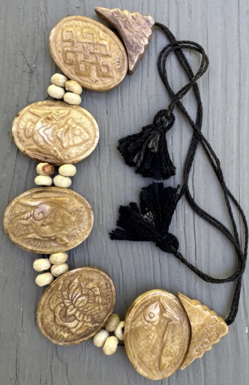 VTG Egyptian Theme Hand Carved Yak Bone Bracelet 5 Symbols/Tibetan Artisans Made