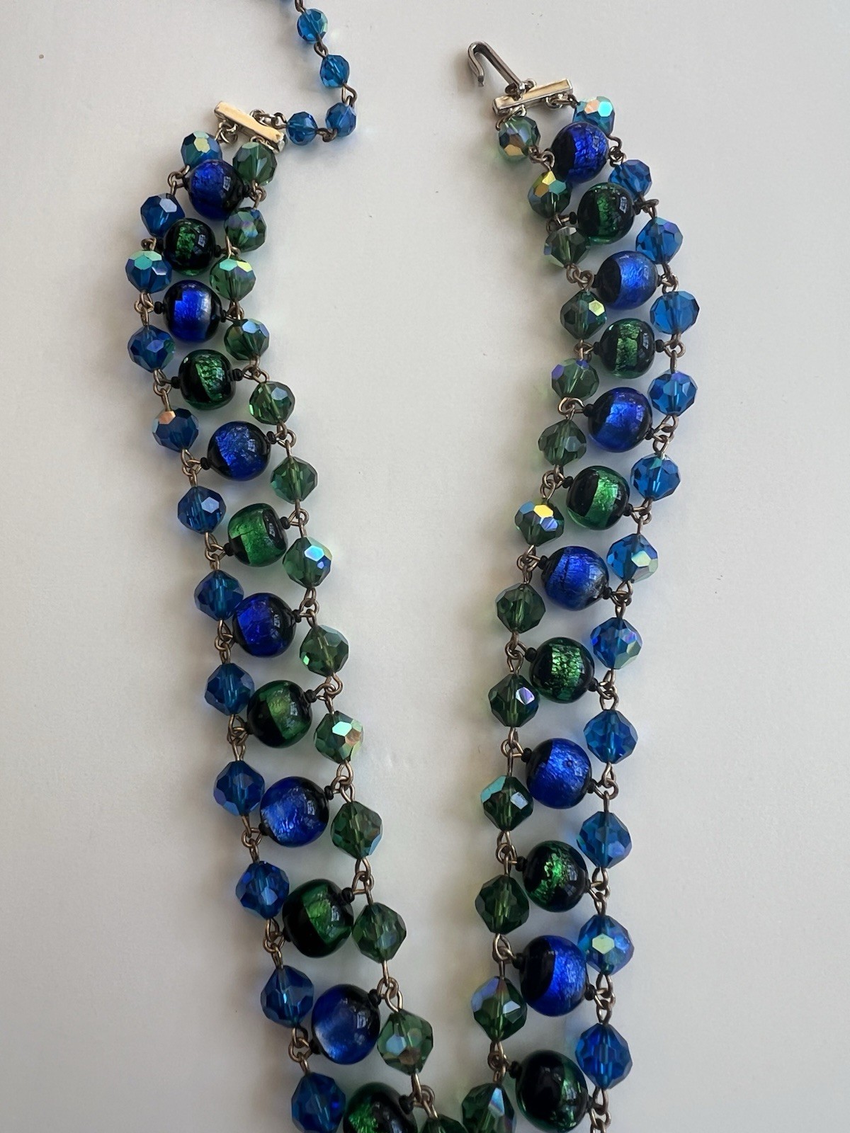 GORGEOUS VTG STATEMENT DESIGNER NECKLACE VENETIAN FOILED BLUE/GREEN GLASS BEADS