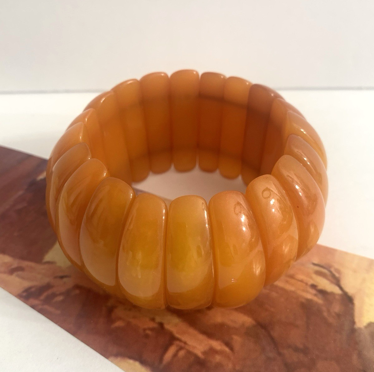Vintage Marion Godart France Butterscotch Lucite Stretch Chunky Bangle Bracelet