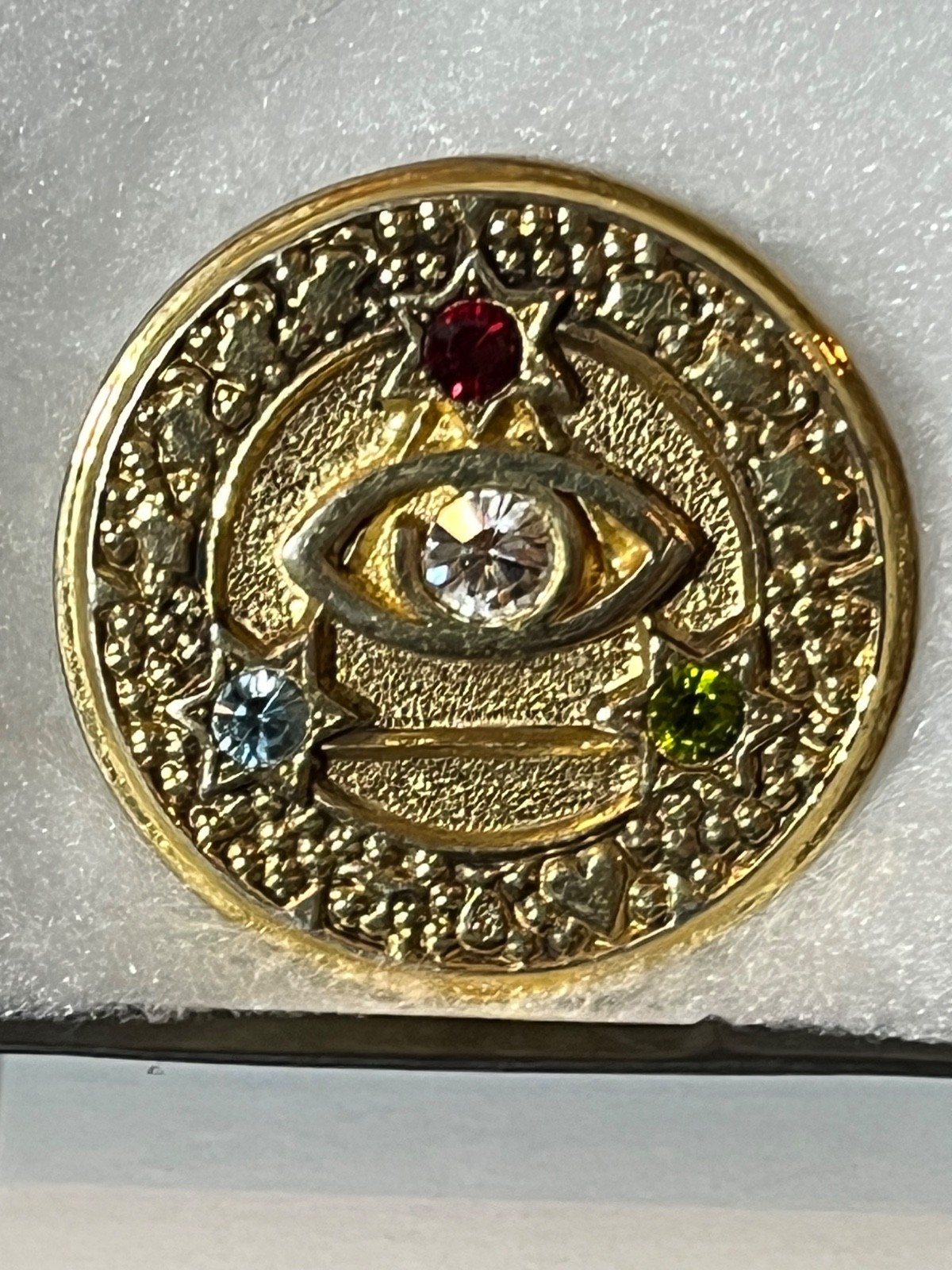 Vtg. Jewels Third Eye Charm, Authentic Rhinestone pin Brooch lucky charm Signed