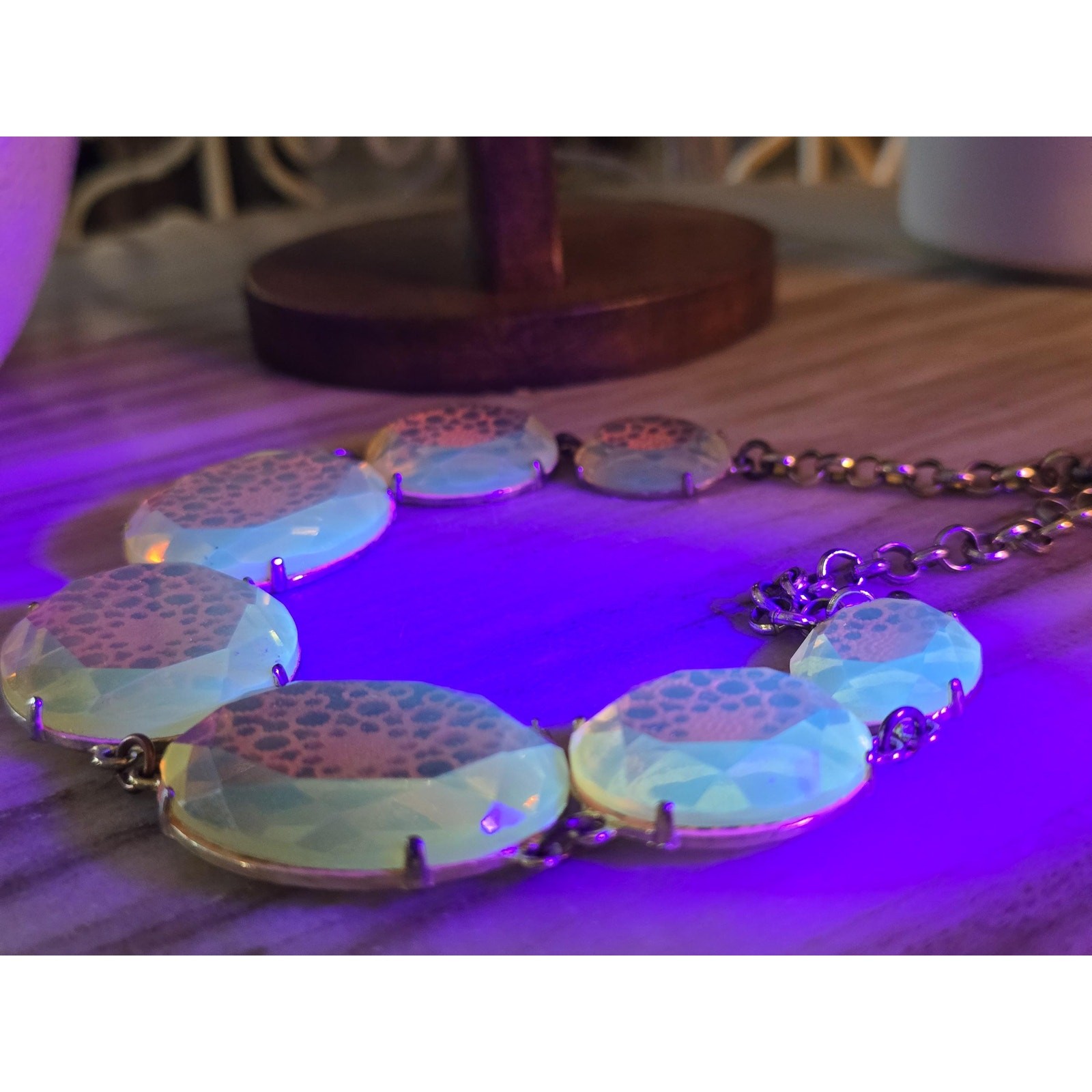 Amber Statement Necklace, Faceted Disc Bib, UV reactive
