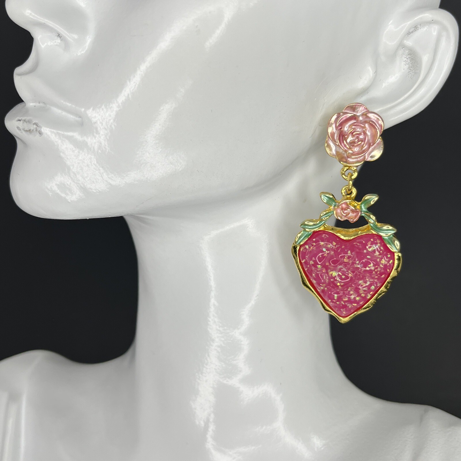 Gripoix Style Heart Earrings Pierced Gold Tone Rose Pink Flower Resin Statement