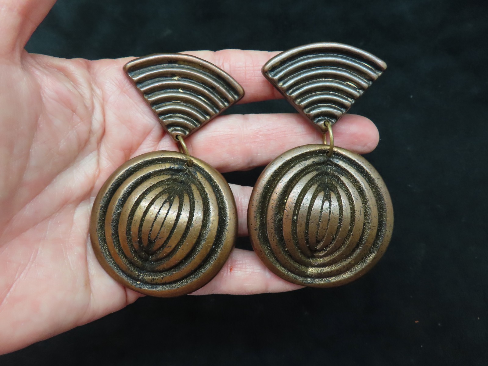 Vintage Designer Jeff Lieb Oversize Antique Bronze Clip Earrings