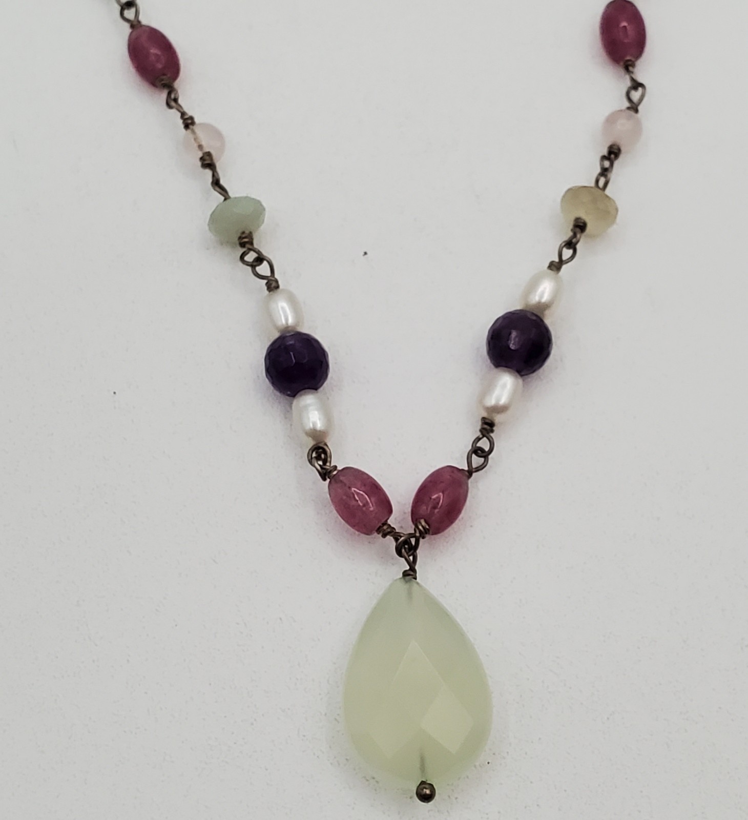 VTG 925 Pearl and Gemstone Jade Teardrop Necklace 18in Sterling Silver 12gtw