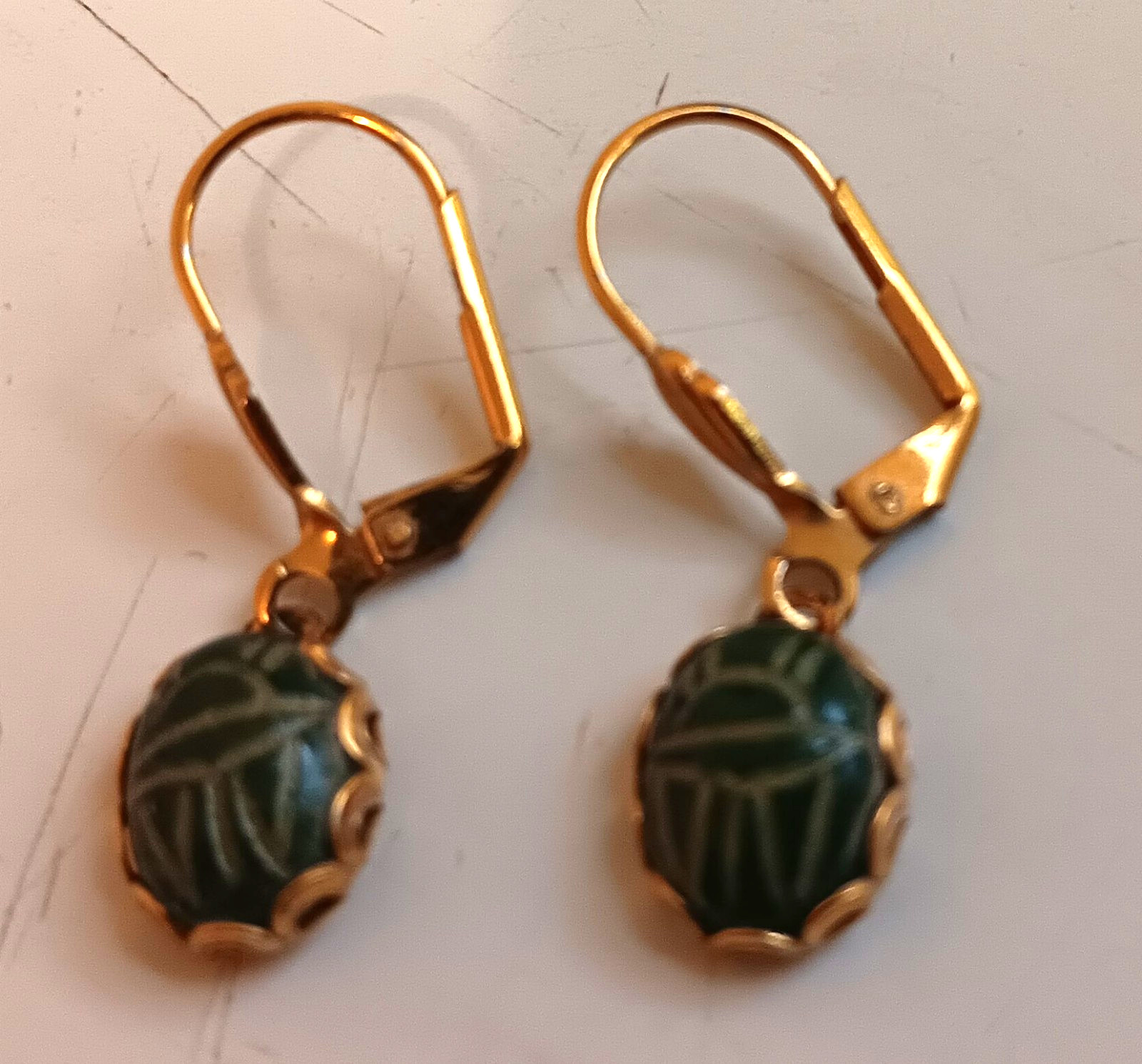 Vtg Egyptian Revival! Simulated? Jade Scarabs, Gold-tone Setting, Pierce Earring