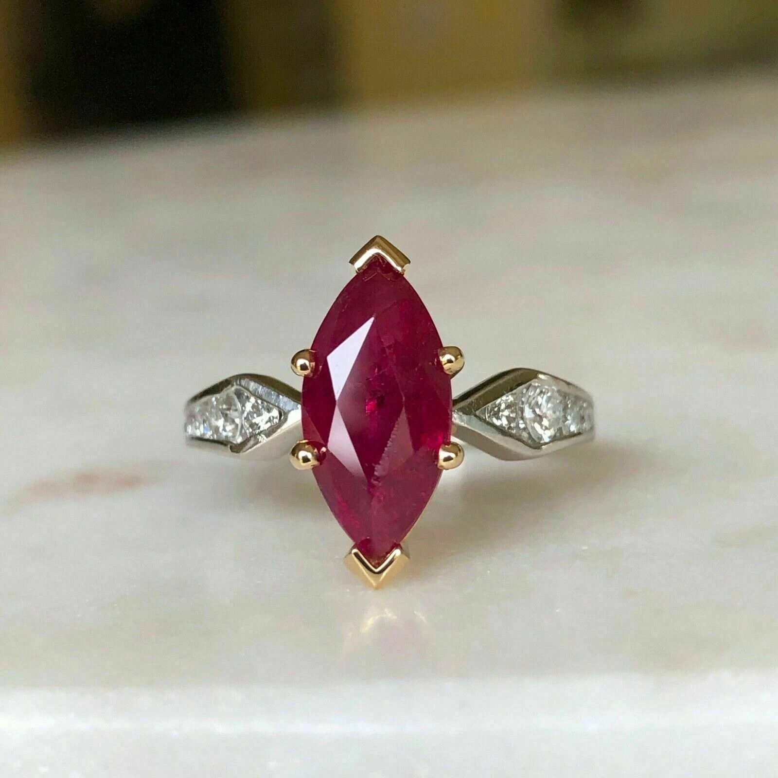 Art Deco Marquise Cut Ruby Lab Created Diamond 14K White Gold FN Engagement Ring