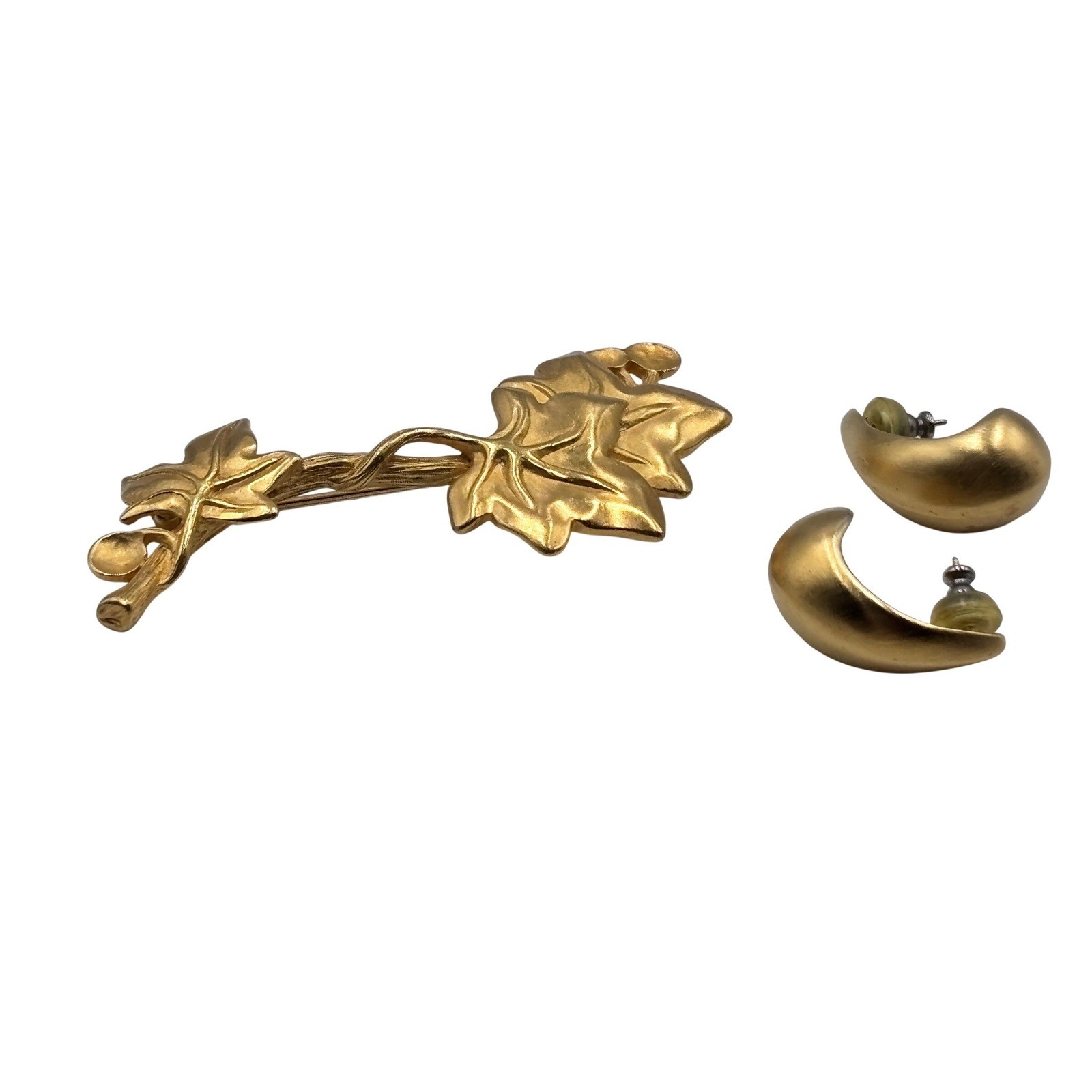 Vintage GIVENCHY Ivy Leaf Branch Brooch and Crescent Hoop Earring Jewelry Set