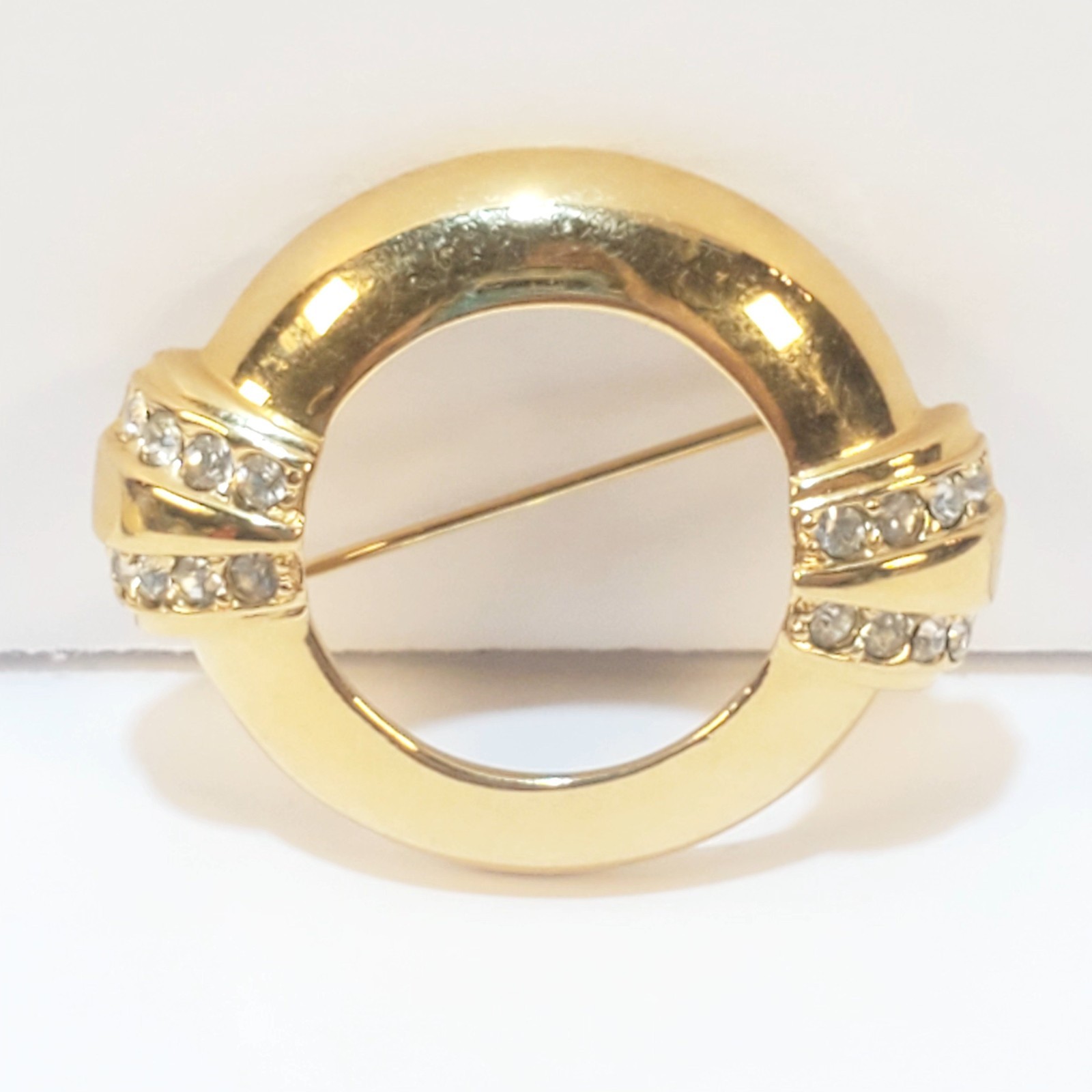 Vtg Signed Avon Gold Tone Metal Circle Rhinestones 100 yr Anniversary Brooch Pin