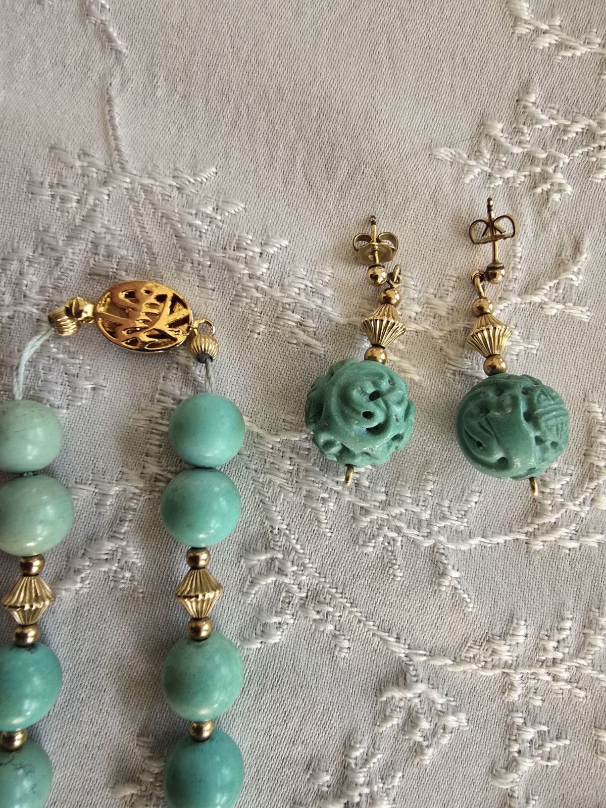 Chinese Turquoise Shou Carved Bead Earrings & Necklace 21” Gold Plated Clasp