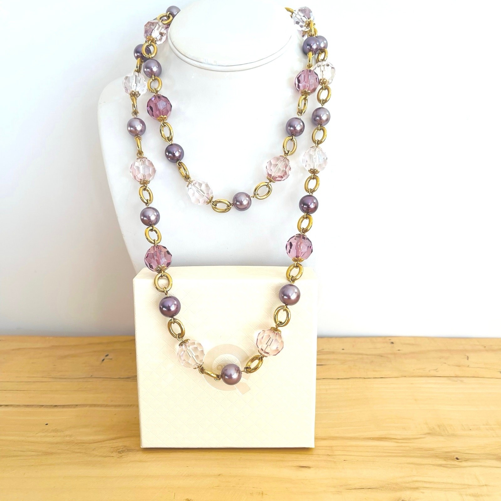 Vtg KJL Kenneth Jay Lane Long Bead Faux Pearl Necklace Faceted Lilac Signed