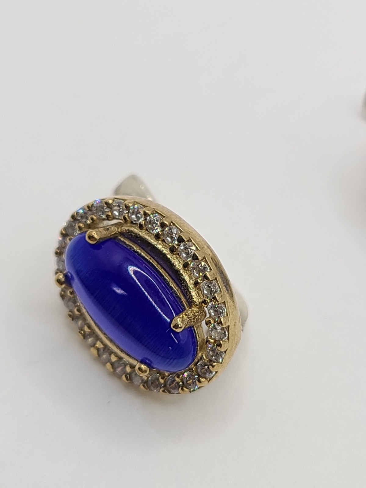 Oval Blue Cateye & White Halo Zircon Vintage 925 Sterling Earrings