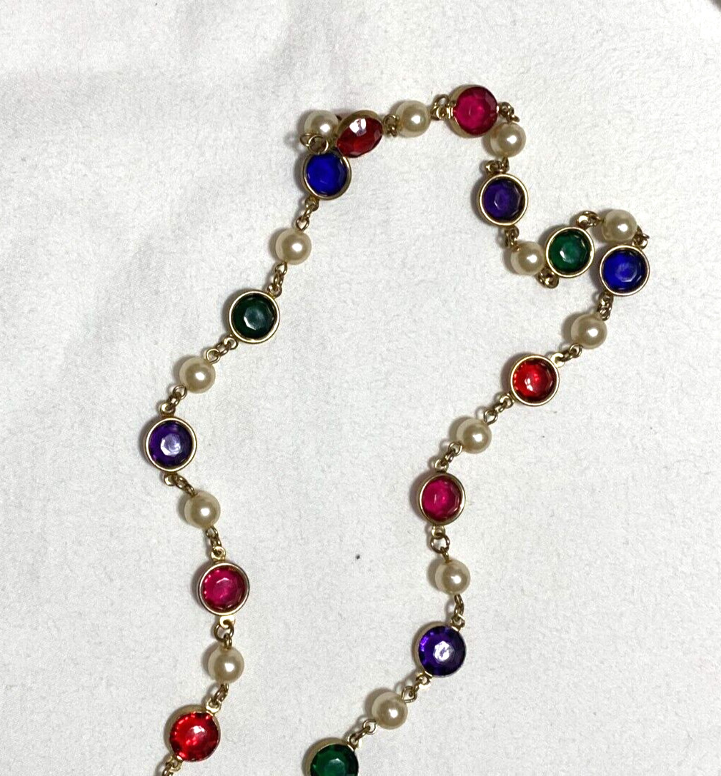 VTG 1980S JEWEL TONE GLASS BEAD NECKLACE FACETED PURPLE GREEN RED FAUX PEARL 36″