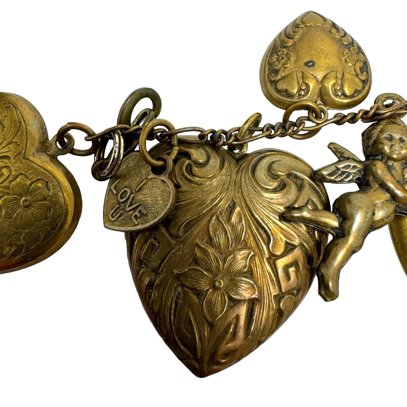Victorian Style Bronze Color Embossed Fancy Hearts Cherub Charm Bracelet